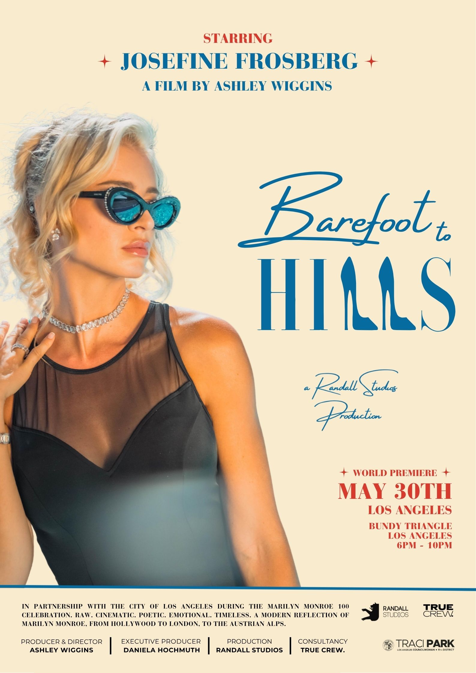 Movie poster for “Barefoot to Hills” featuring Josefine Frosberg in an Old Hollywood-inspired style. World Premiere on May 30th in Los Angeles.